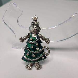 Vintage Lianna Kitty Cat Christmas Tree Brooch Green Enamel Rhinestones LIA Pin